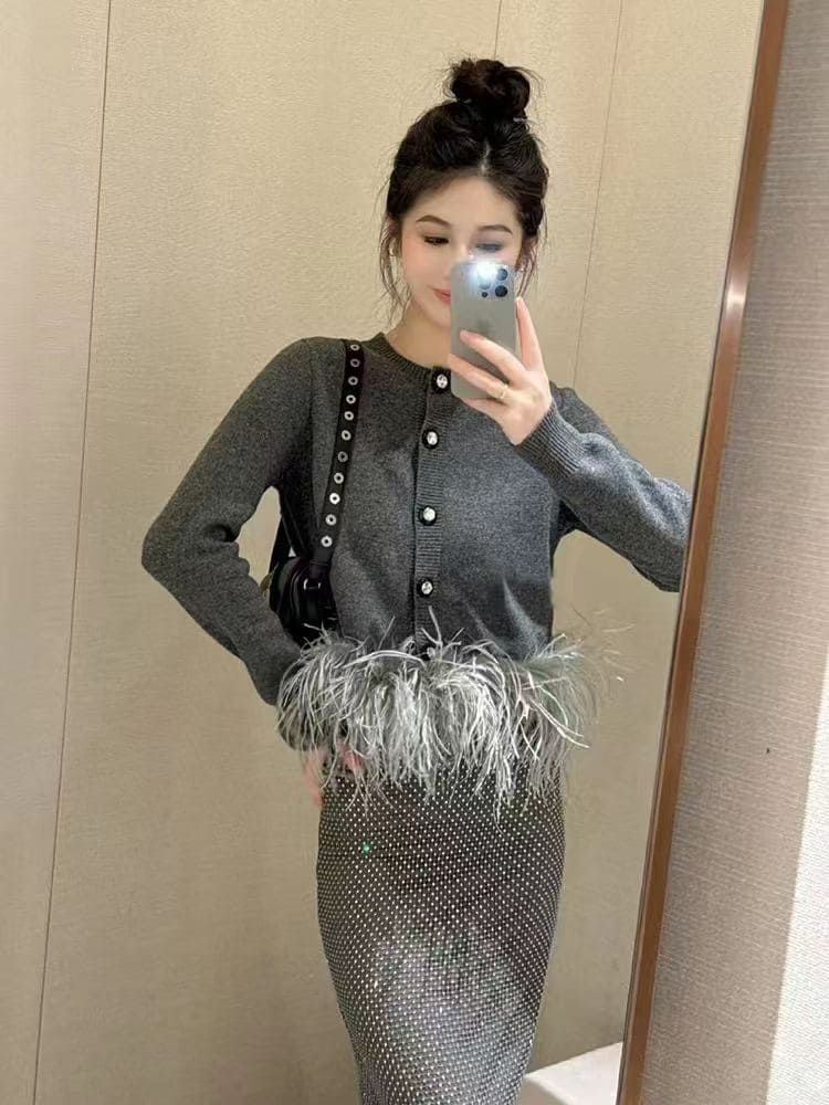 Autumn Ostrich Feather Knitted Cardigan