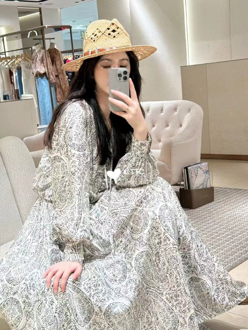 New Early Autumn Printed Waist Long Sleeve Holiday Dresses Women