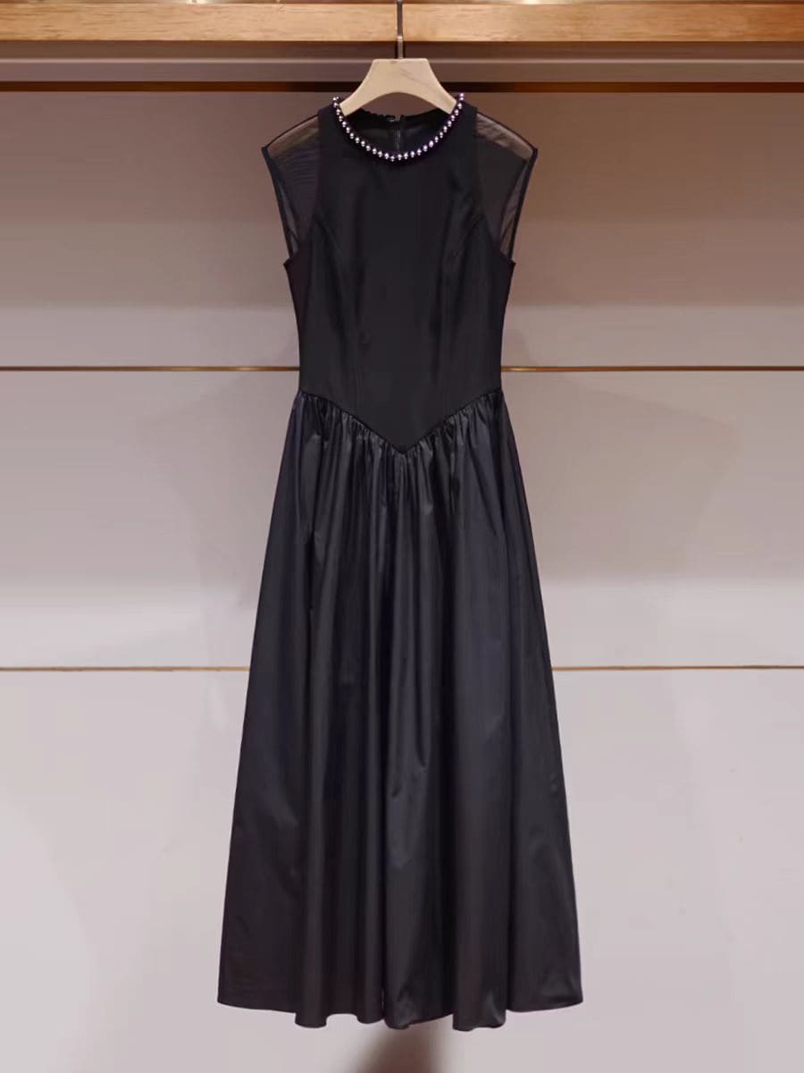 Round Neck Pearl Mesh Midi Black Dress