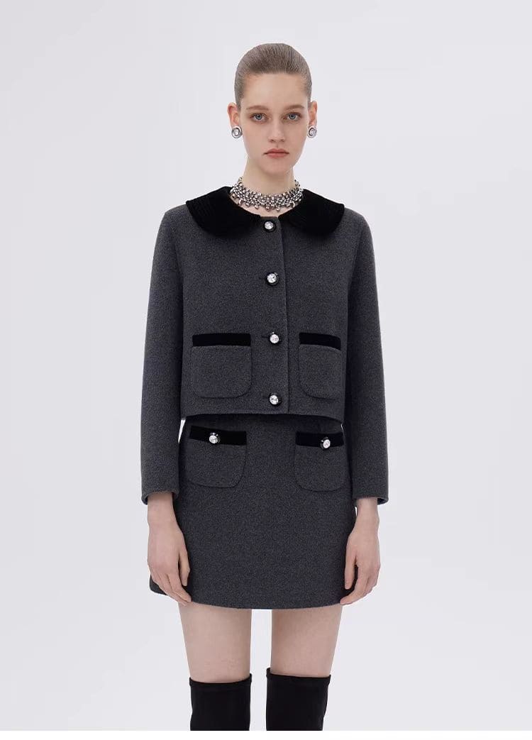 Elegant Two-Piece Wool Skirt Suits – Cropped Jacket and Mini Skirt