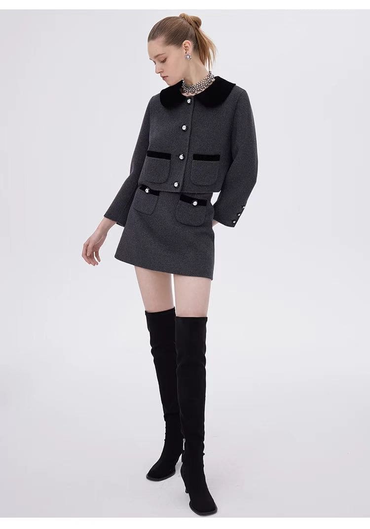 Elegant Two-Piece Wool Skirt Suits – Cropped Jacket and Mini Skirt