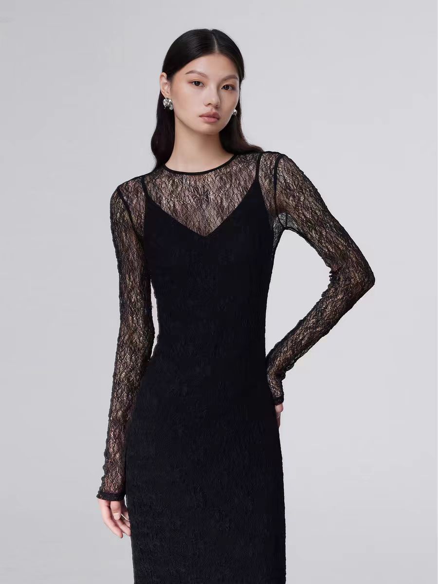 Hollow lace mesh sexy dress set