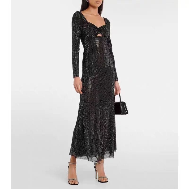 black mesh dress midi Black Square Rhinestone Mesh Midi Dress main image 0