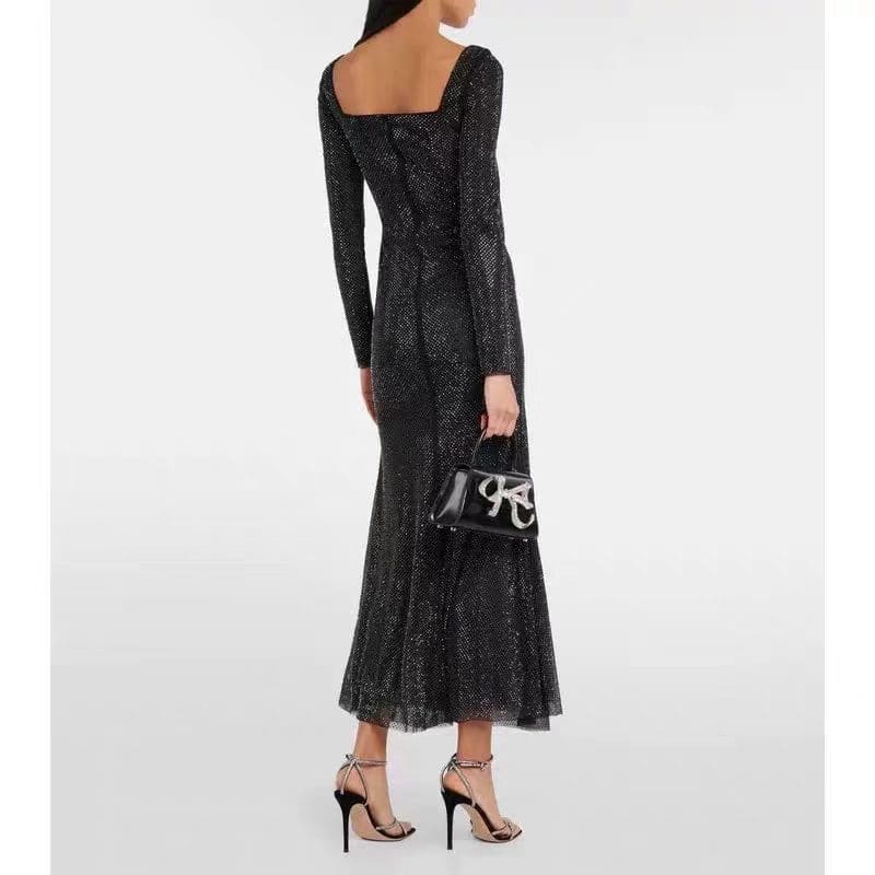 Black Mesh Midi Dress with Rhinestones
