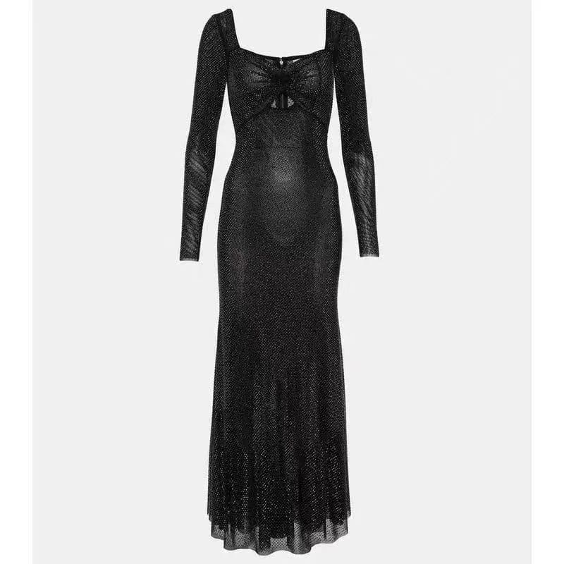 Black Mesh Midi Dress with Rhinestones