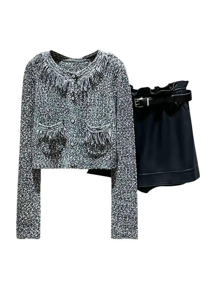 Autumn Grey Raw Edge Tassel Knit Top